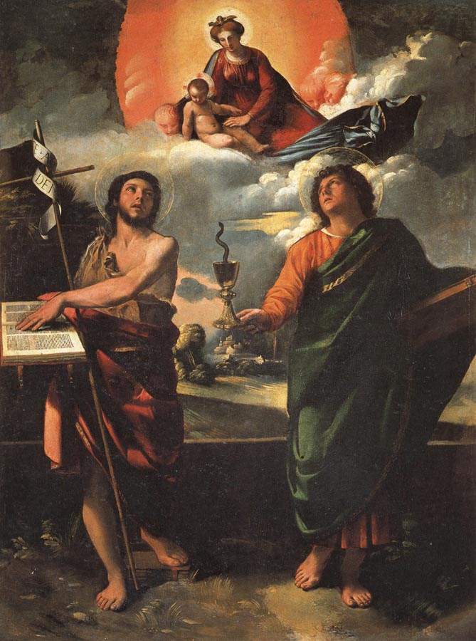 DOSSI, Dosso Madonna in Glory with SS.John the Baptist and john the Evangelist